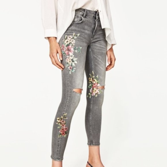 Zara Basic Z1975 Grey Floral Print Skinny Jeans - Picture 9 of 9